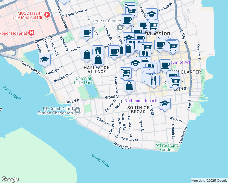 map of restaurants, bars, coffee shops, grocery stores, and more near in Charleston