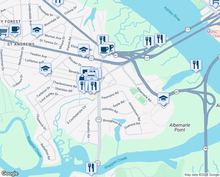 map of restaurants, bars, coffee shops, grocery stores, and more near 39 Fenwick Drive in Charleston