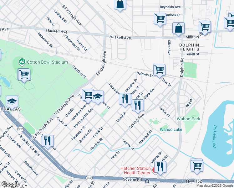 map of restaurants, bars, coffee shops, grocery stores, and more near 4347 Penelope Street in Dallas
