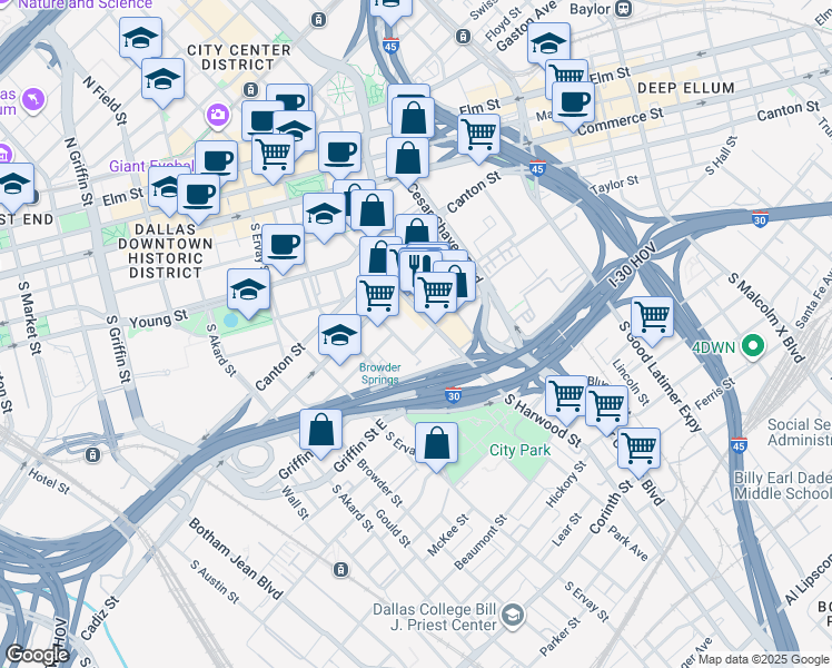 map of restaurants, bars, coffee shops, grocery stores, and more near 1015 South Harwood Street in Dallas