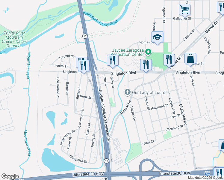 map of restaurants, bars, coffee shops, grocery stores, and more near 2711 Jim Street in Dallas
