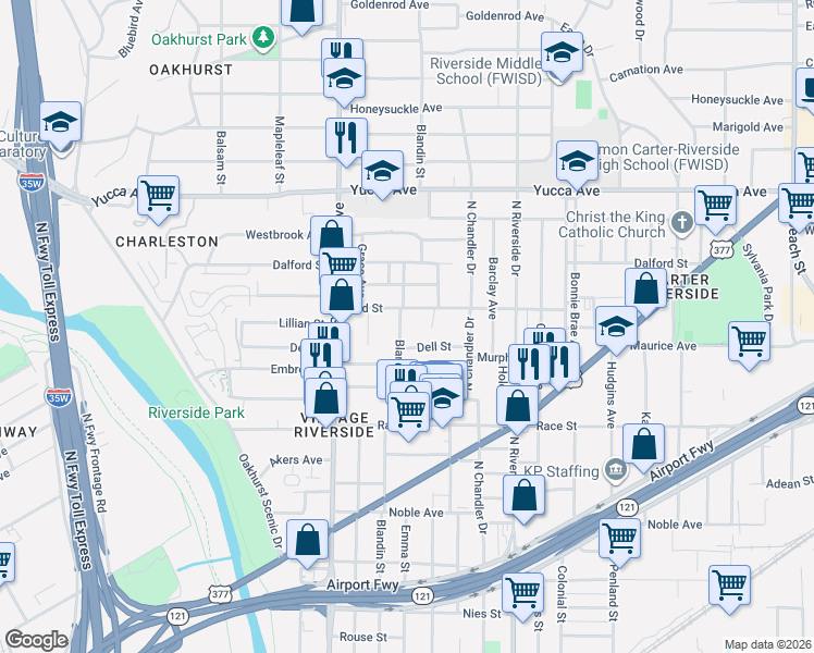 map of restaurants, bars, coffee shops, grocery stores, and more near 919 Blandin Street in Fort Worth