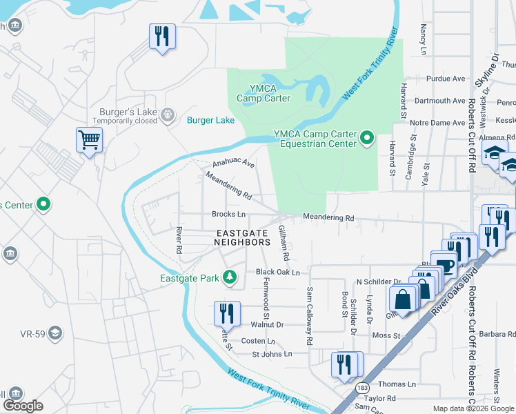 map of restaurants, bars, coffee shops, grocery stores, and more near Meandering Road in Fort Worth