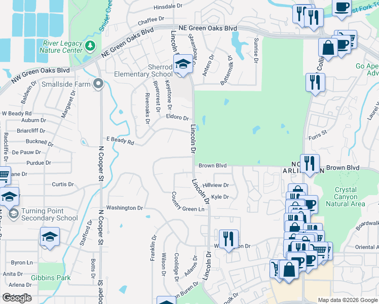 map of restaurants, bars, coffee shops, grocery stores, and more near 611 Crown Colony Drive in Arlington