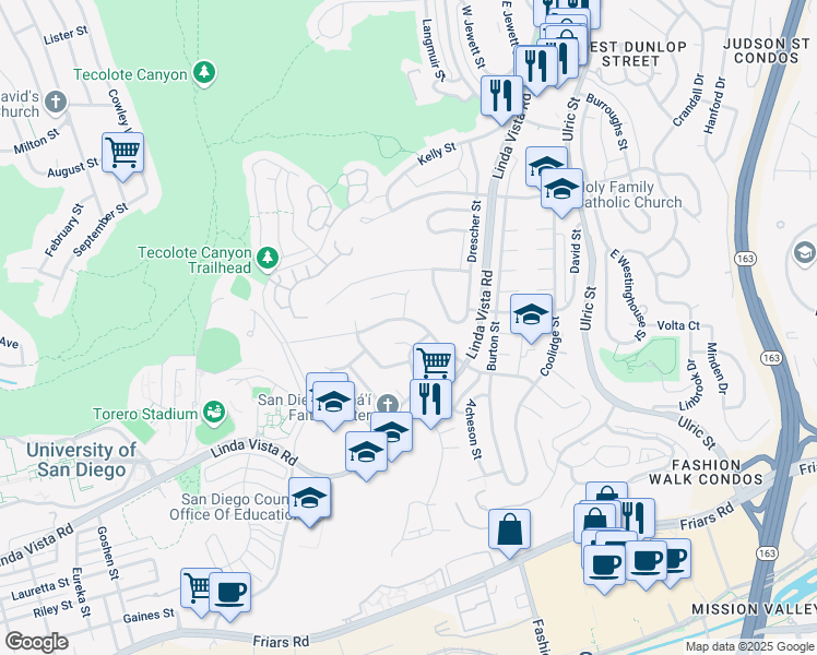 map of restaurants, bars, coffee shops, grocery stores, and more near 6640 Glidden Street in San Diego