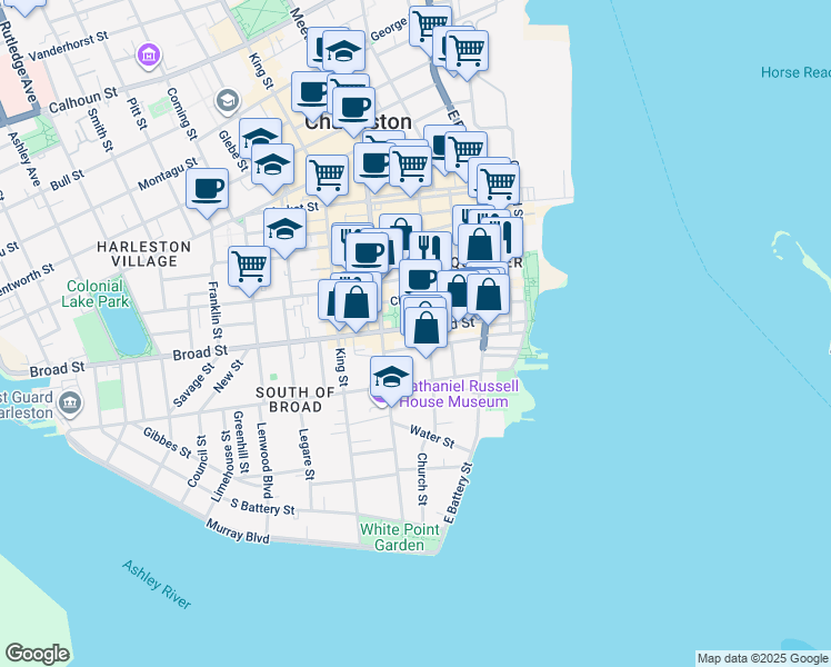 map of restaurants, bars, coffee shops, grocery stores, and more near 43 Broad Street in Charleston