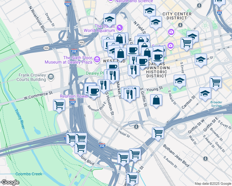 map of restaurants, bars, coffee shops, grocery stores, and more near 400 South Record Street in Dallas