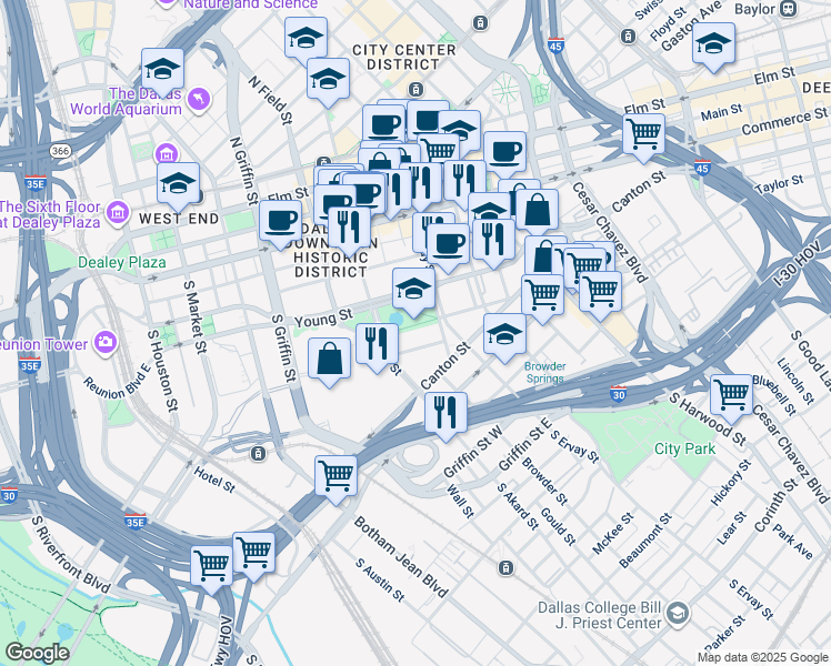 map of restaurants, bars, coffee shops, grocery stores, and more near 1562 Marilla Street in Dallas