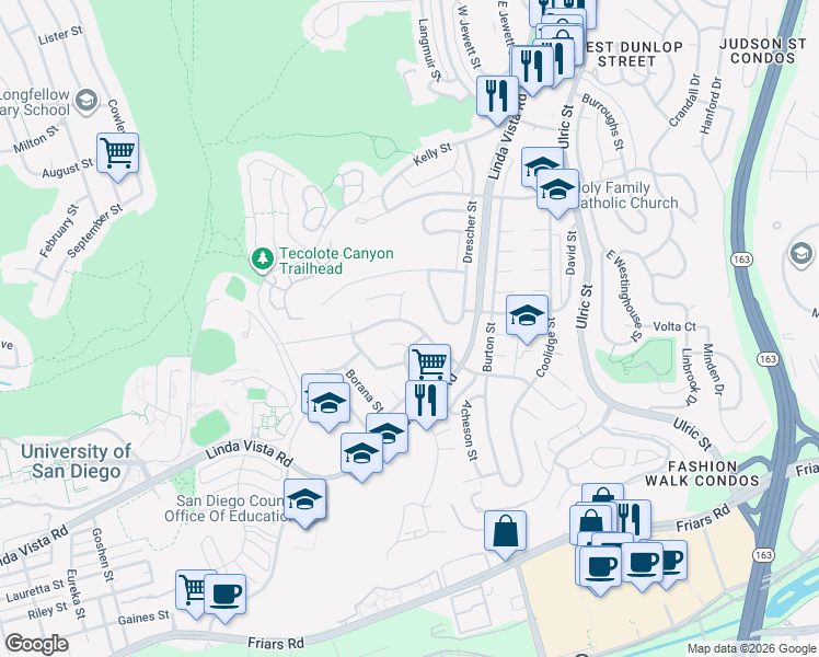 map of restaurants, bars, coffee shops, grocery stores, and more near 6629 Glidden Street in San Diego