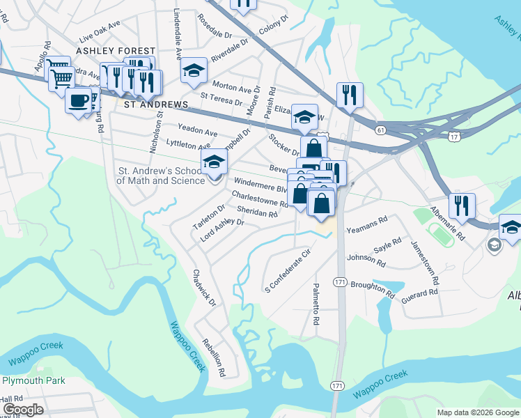 map of restaurants, bars, coffee shops, grocery stores, and more near 10 Sheridan Road in Charleston