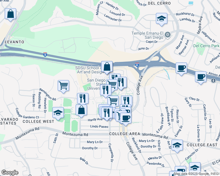map of restaurants, bars, coffee shops, grocery stores, and more near 5500 Campanile Drive in San Diego