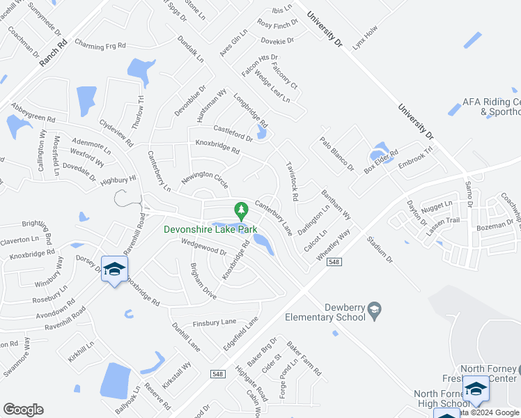 map of restaurants, bars, coffee shops, grocery stores, and more near 1001 Canterbury Lane in Forney