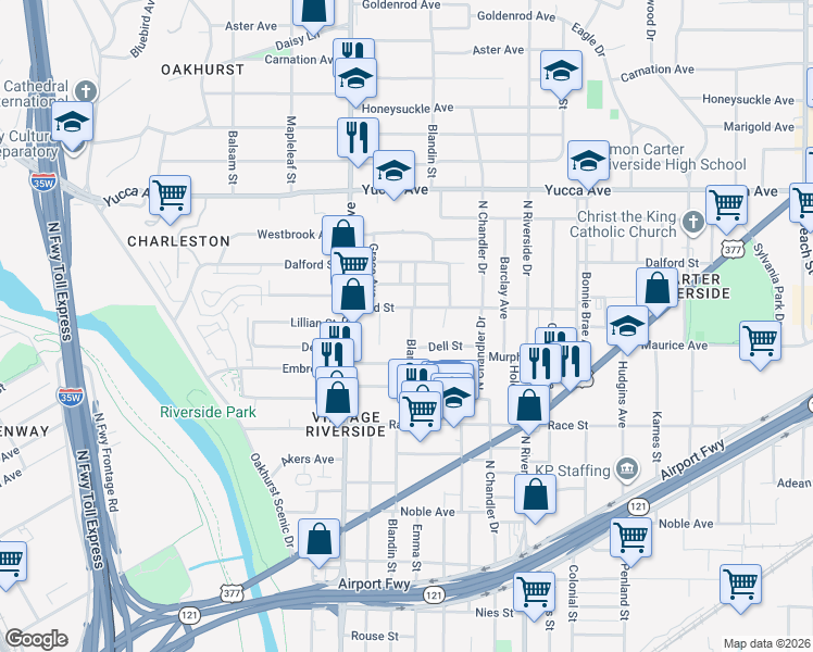 map of restaurants, bars, coffee shops, grocery stores, and more near 919 Blandin Street in Fort Worth