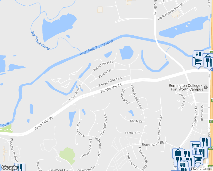map of restaurants, bars, coffee shops, grocery stores, and more near 6008 Terrace Oaks Lane in Fort Worth
