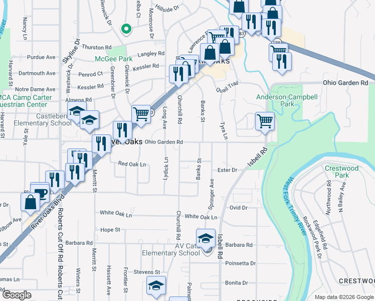 map of restaurants, bars, coffee shops, grocery stores, and more near 4621 Ohio Garden Road in Fort Worth
