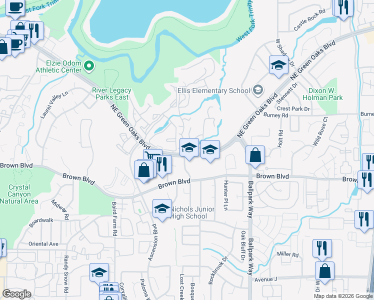 map of restaurants, bars, coffee shops, grocery stores, and more near 1900 Wilder Lane in Arlington