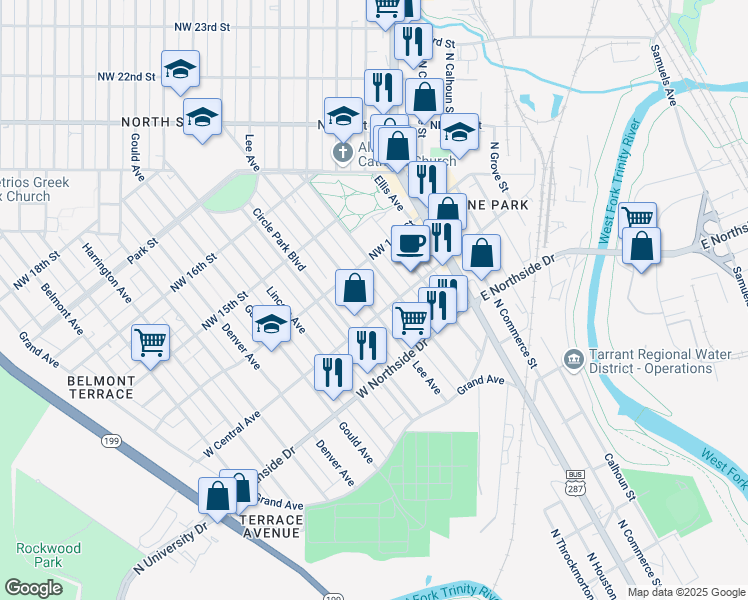 map of restaurants, bars, coffee shops, grocery stores, and more near 1402 Lee Avenue in Fort Worth