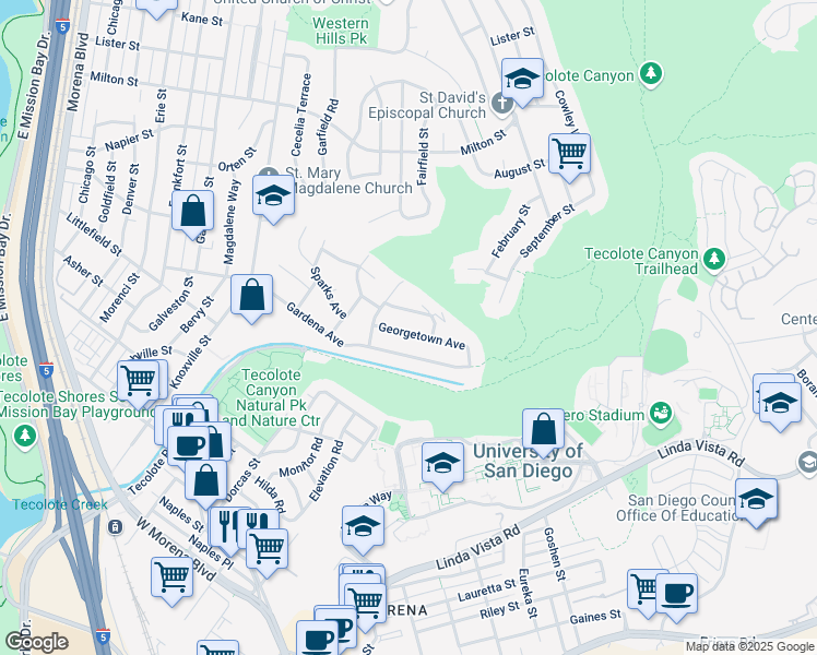 map of restaurants, bars, coffee shops, grocery stores, and more near 5054 Georgetown Avenue in San Diego