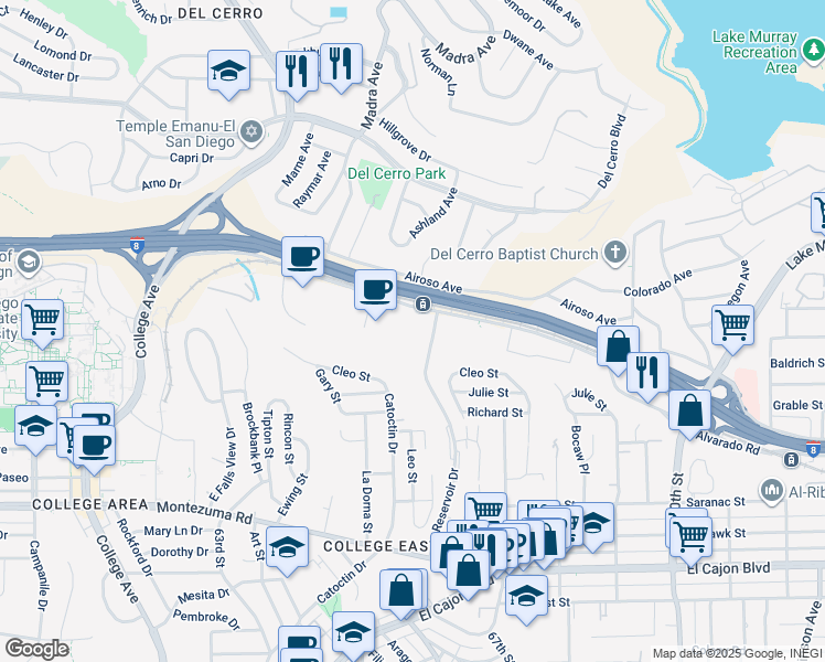 map of restaurants, bars, coffee shops, grocery stores, and more near 6655 Alvarado Road in San Diego