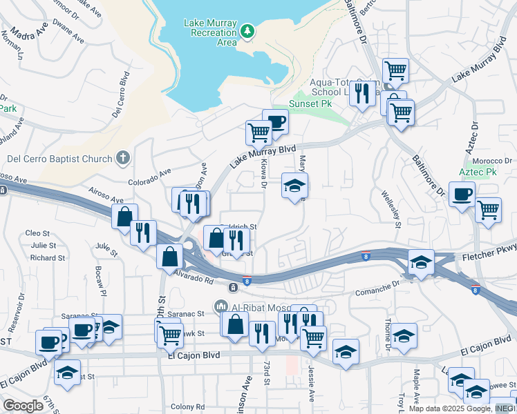 map of restaurants, bars, coffee shops, grocery stores, and more near 7280 Macquarie Street in La Mesa