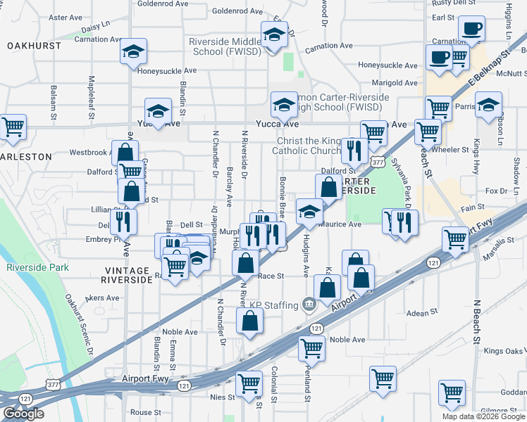 map of restaurants, bars, coffee shops, grocery stores, and more near 928 Cleckler Avenue in Fort Worth