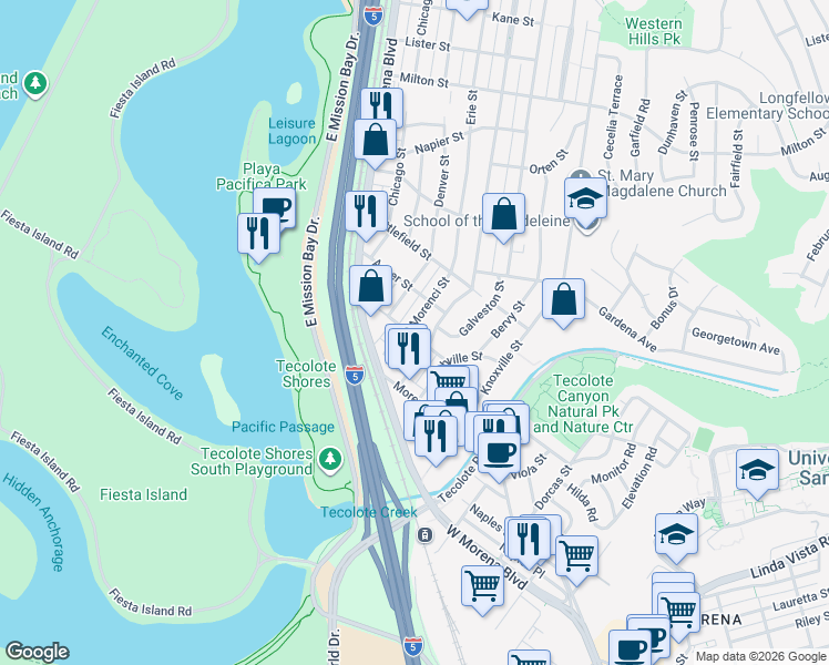 map of restaurants, bars, coffee shops, grocery stores, and more near 1403 Morenci Street in San Diego
