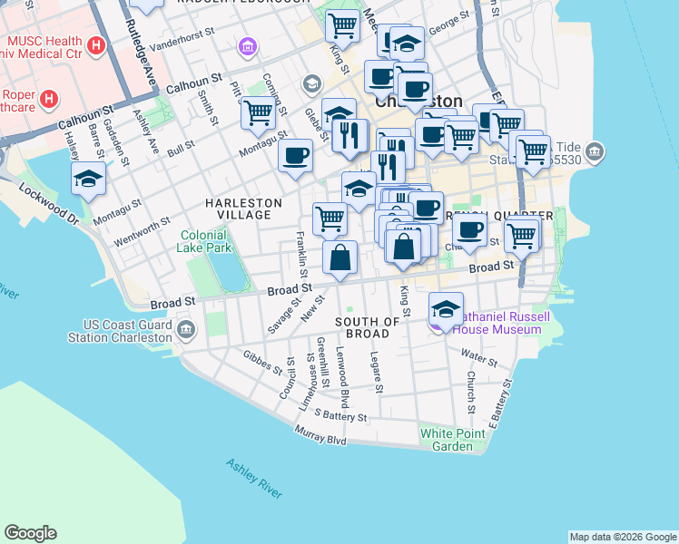 map of restaurants, bars, coffee shops, grocery stores, and more near 52 Logan Street in Charleston