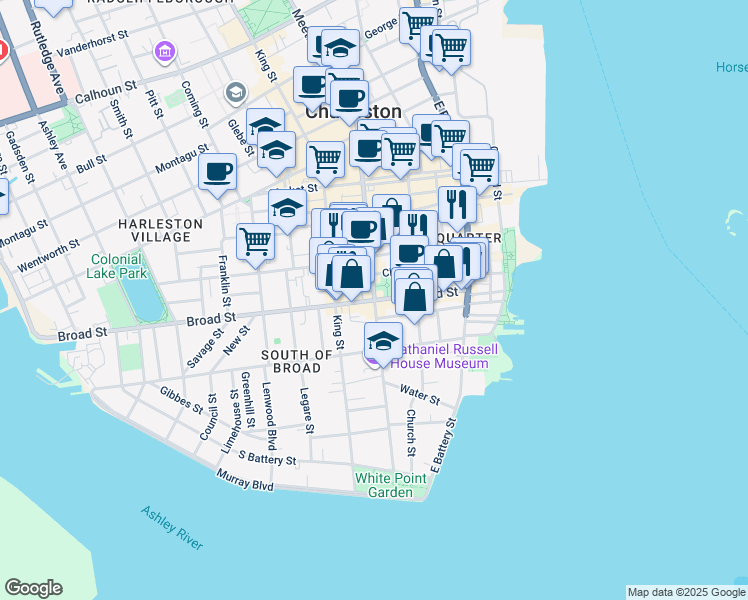 map of restaurants, bars, coffee shops, grocery stores, and more near in Charleston