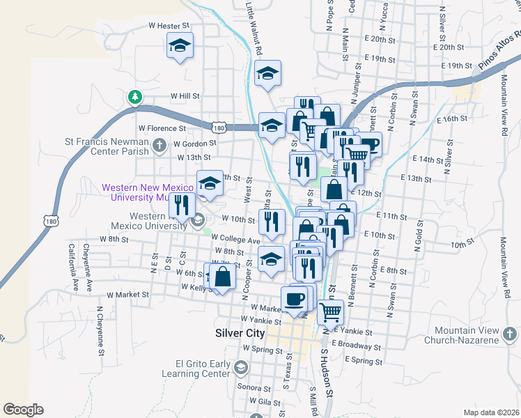 map of restaurants, bars, coffee shops, grocery stores, and more near 1017 Santa Rita Street in Silver City
