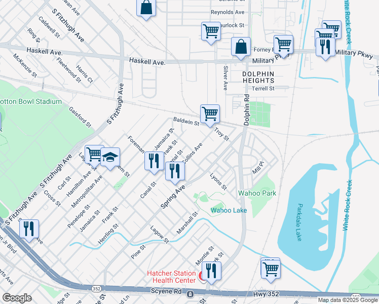 map of restaurants, bars, coffee shops, grocery stores, and more near 4619 Collins Avenue in Dallas