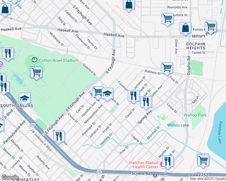 map of restaurants, bars, coffee shops, grocery stores, and more near 4315 Metropolitan Avenue in Dallas