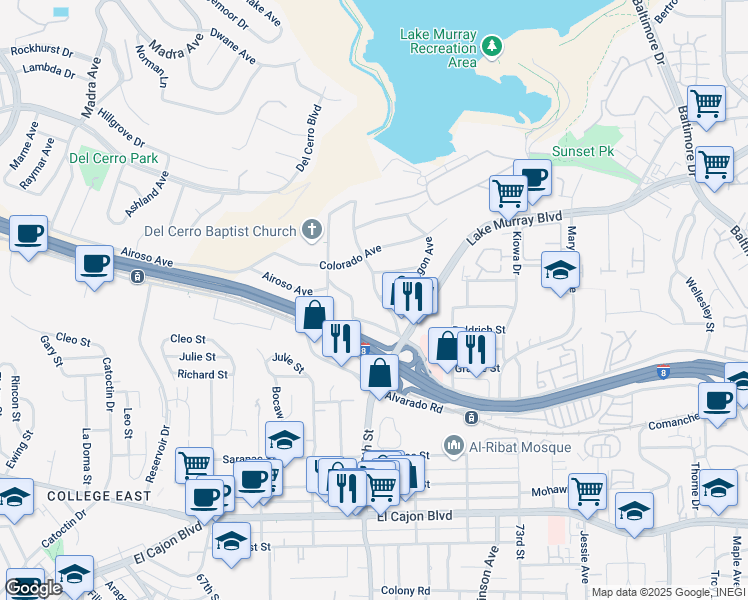 map of restaurants, bars, coffee shops, grocery stores, and more near 5448 Connecticut Avenue in La Mesa
