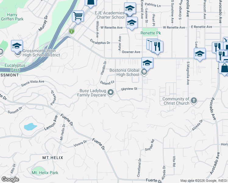 map of restaurants, bars, coffee shops, grocery stores, and more near 1436 South Lemon Avenue in El Cajon