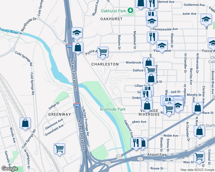 map of restaurants, bars, coffee shops, grocery stores, and more near 2100 Bird Street in Fort Worth