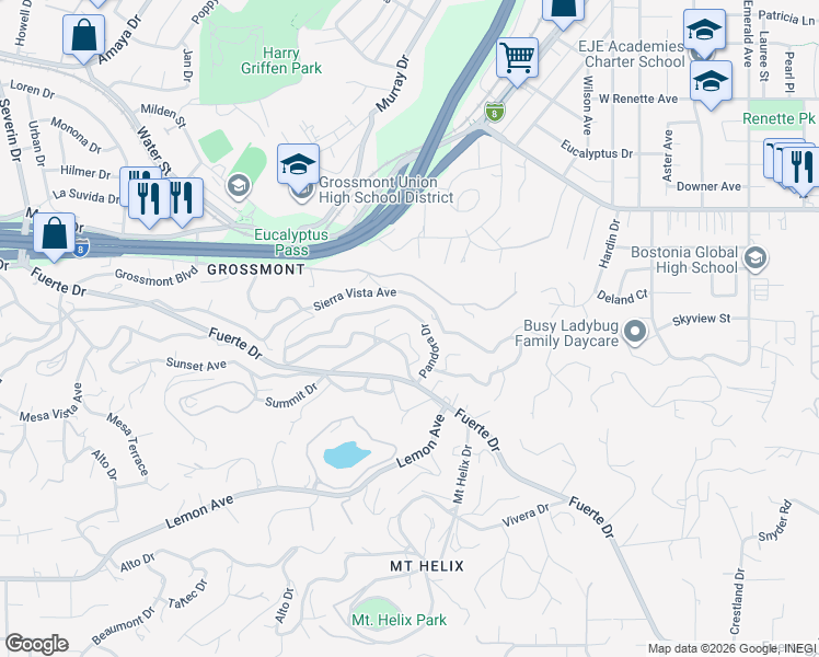 map of restaurants, bars, coffee shops, grocery stores, and more near 10050 El Granito Avenue in La Mesa