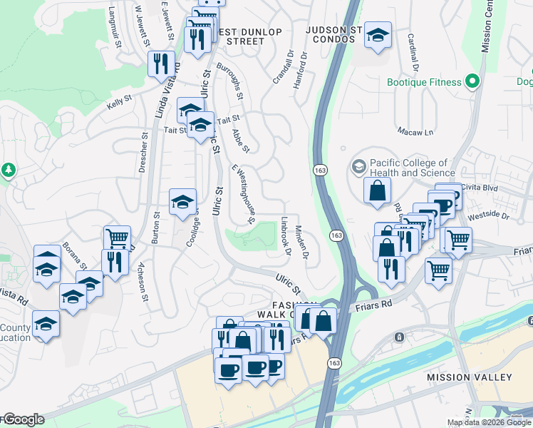 map of restaurants, bars, coffee shops, grocery stores, and more near 1755 East Westinghouse Street in San Diego