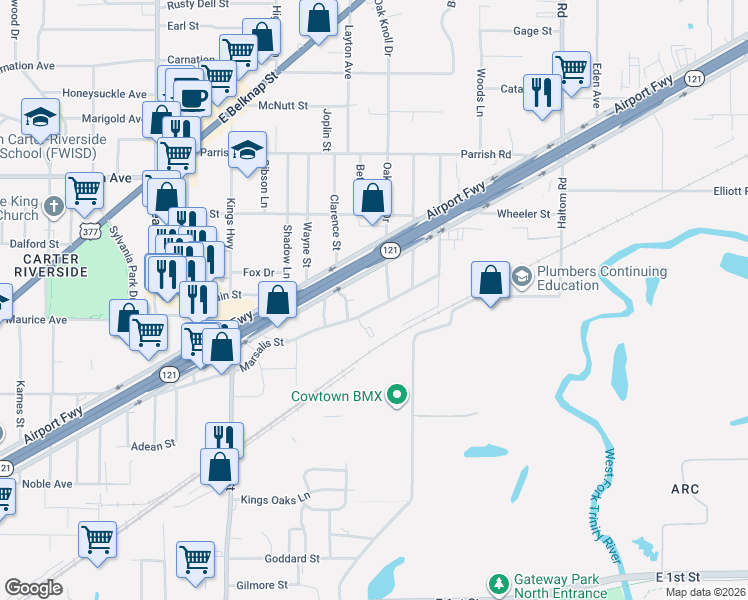 map of restaurants, bars, coffee shops, grocery stores, and more near 4629 Marsalis Street in Fort Worth