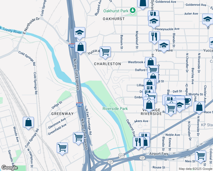 map of restaurants, bars, coffee shops, grocery stores, and more near 2100 Bird Street in Fort Worth