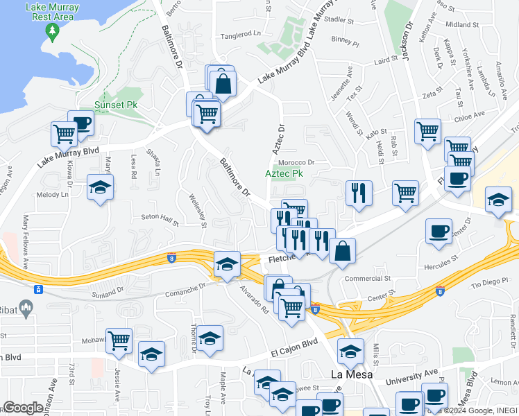 map of restaurants, bars, coffee shops, grocery stores, and more near 5350 Baltimore Drive in La Mesa