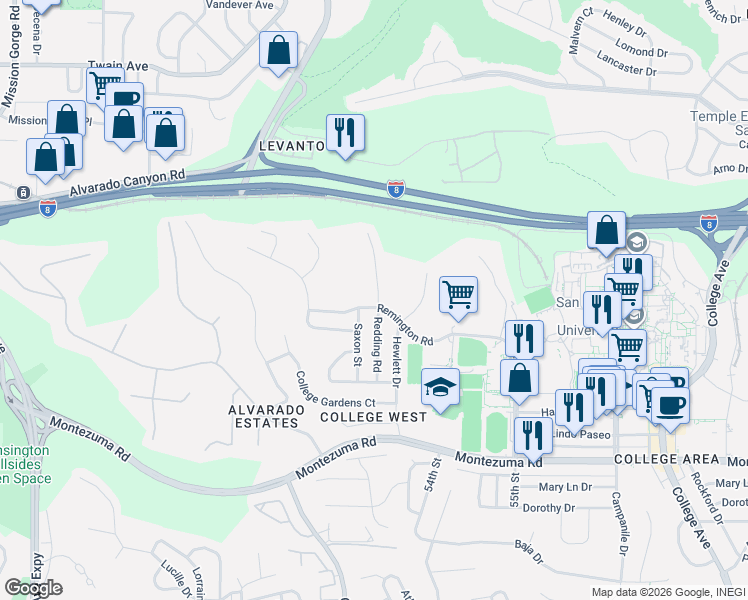 map of restaurants, bars, coffee shops, grocery stores, and more near 5230 Remington Road in San Diego