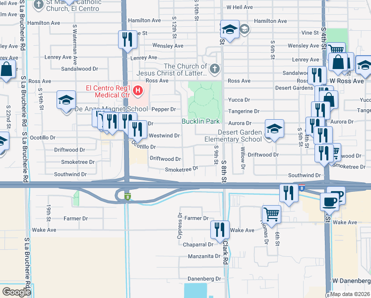 map of restaurants, bars, coffee shops, grocery stores, and more near 1903 Cypress Drive in El Centro