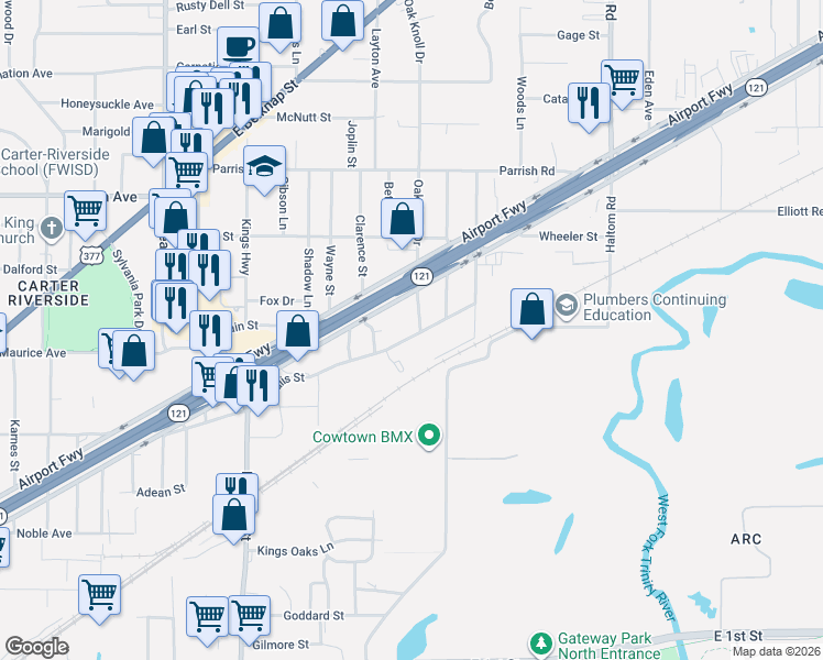 map of restaurants, bars, coffee shops, grocery stores, and more near 4629 Marsalis St in Fort Worth