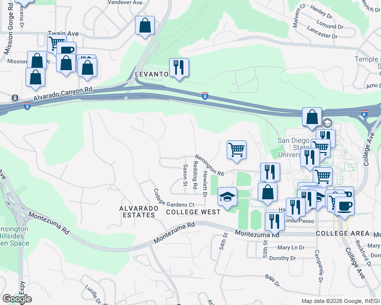 map of restaurants, bars, coffee shops, grocery stores, and more near 5230 Remington Road in San Diego