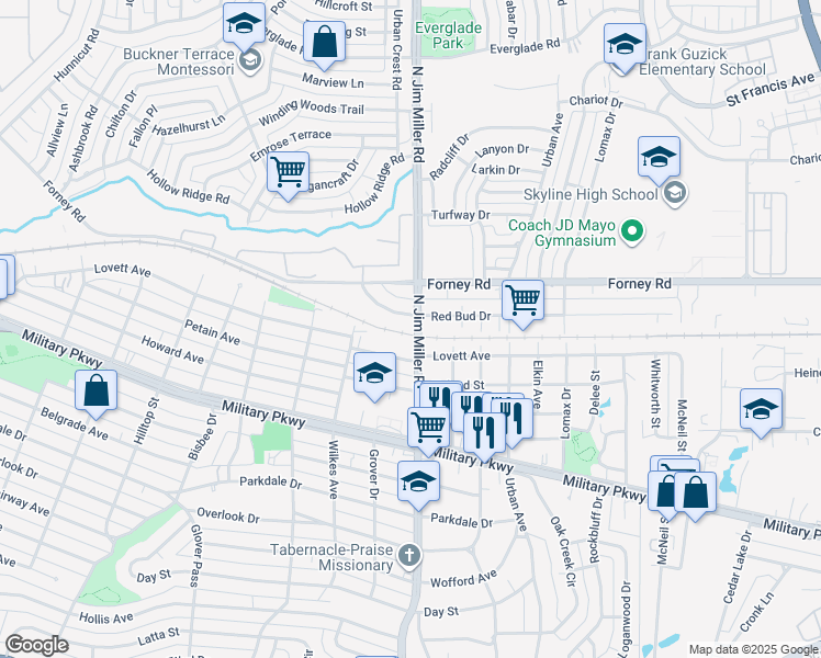 map of restaurants, bars, coffee shops, grocery stores, and more near 4509 North Jim Miller Road in Dallas