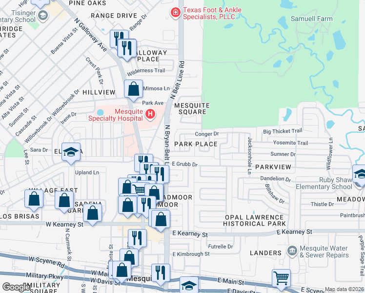 map of restaurants, bars, coffee shops, grocery stores, and more near 208 Conger Drive in Mesquite