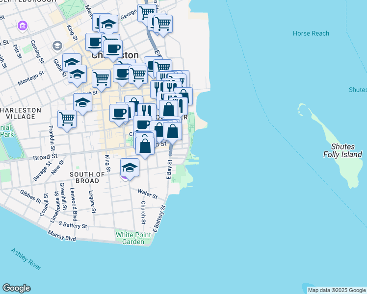 map of restaurants, bars, coffee shops, grocery stores, and more near 8 East Elliott Street in Charleston