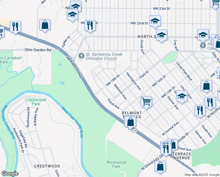 map of restaurants, bars, coffee shops, grocery stores, and more near 1816 Highland Avenue in Fort Worth