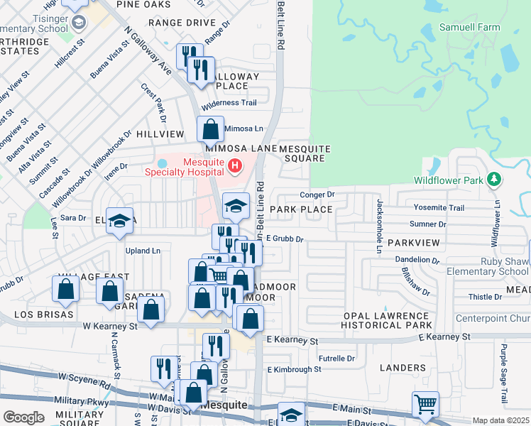 map of restaurants, bars, coffee shops, grocery stores, and more near 928 North Bryan-Belt Line Road in Mesquite