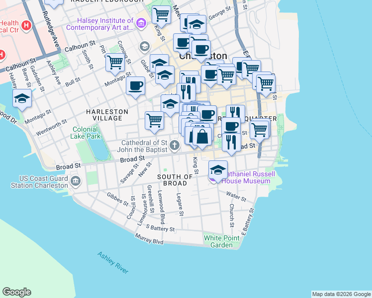 map of restaurants, bars, coffee shops, grocery stores, and more near 112 Broad Street in Charleston
