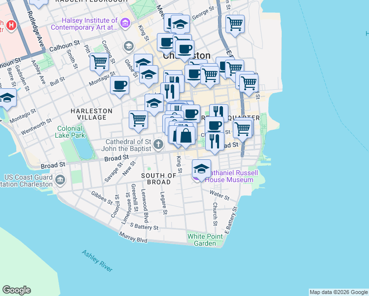 map of restaurants, bars, coffee shops, grocery stores, and more near 98 Broad Street in Charleston